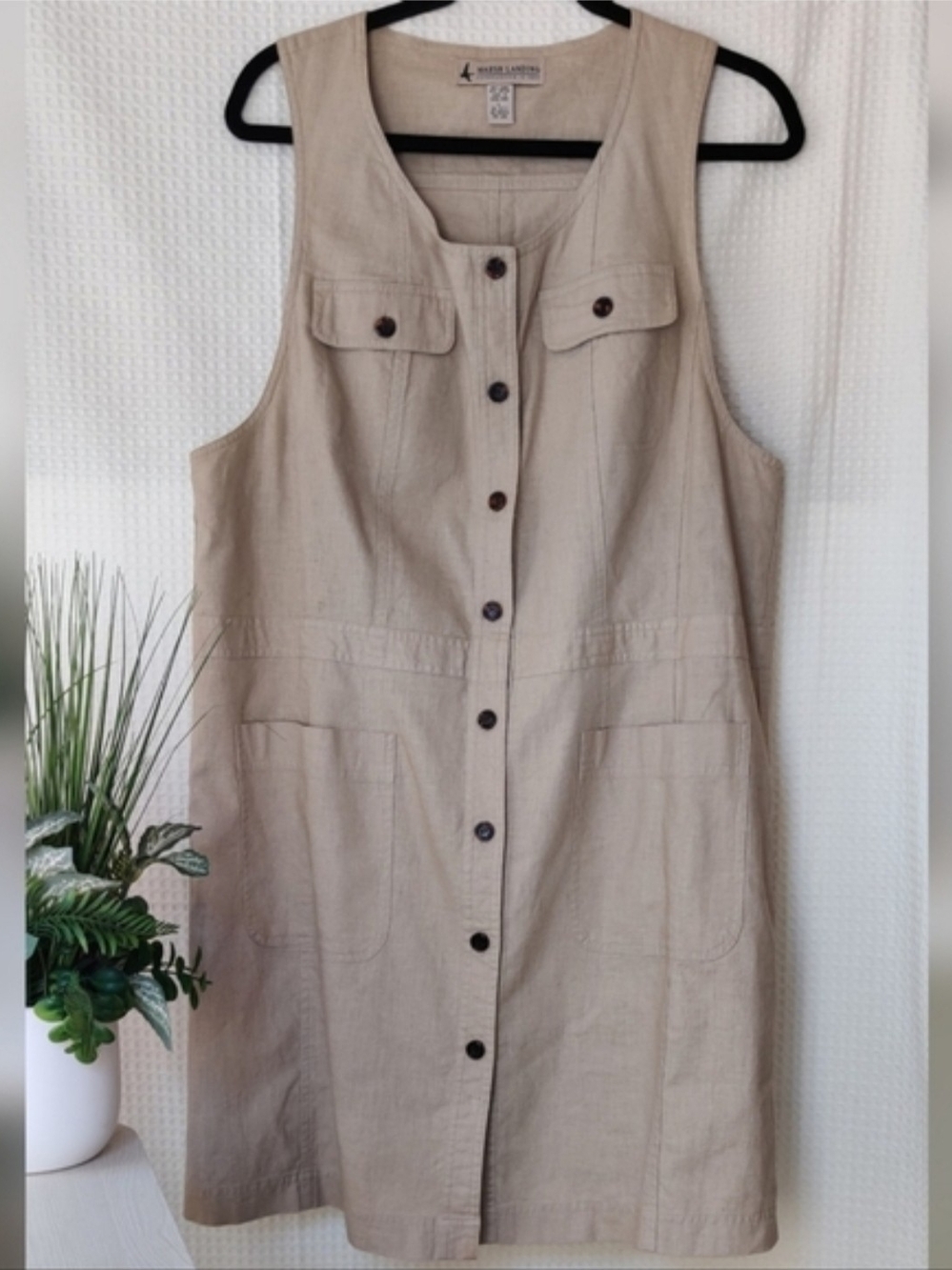 Marsh Landing Sleeveless Tan Linen/Cotton Blend Front Button Down Dress Size L
